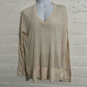 Zara Knit Womens Sweater S Cream V Neck Long Sleeve Light Weight Split Hem AS17
